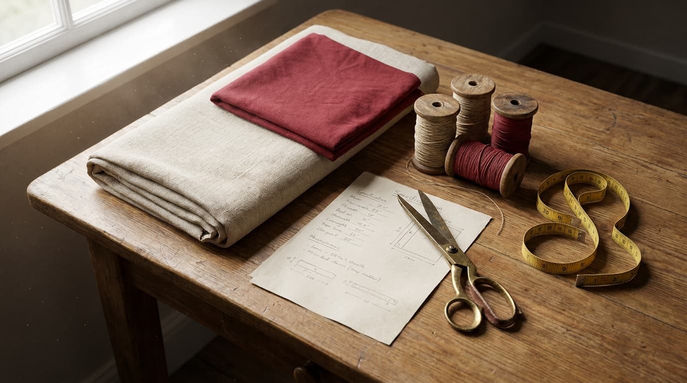 Fabric, thread, shears, measuring tape, and a garment specification sheet on a wooden worktable