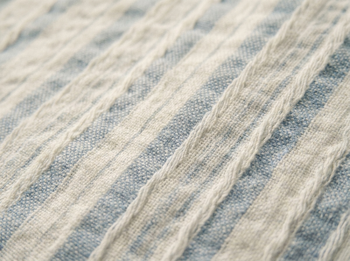 Macro close-up of Seersucker, plain weave with slack-tension puckered stripes
