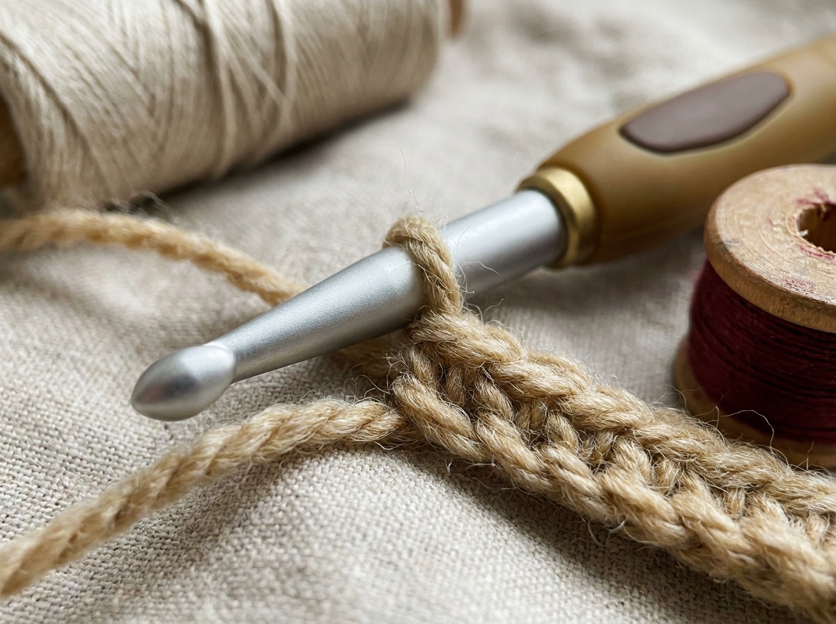 Close-up of an ergonomic crochet hook pulling a loop of worsted-weight yarn through a stitch