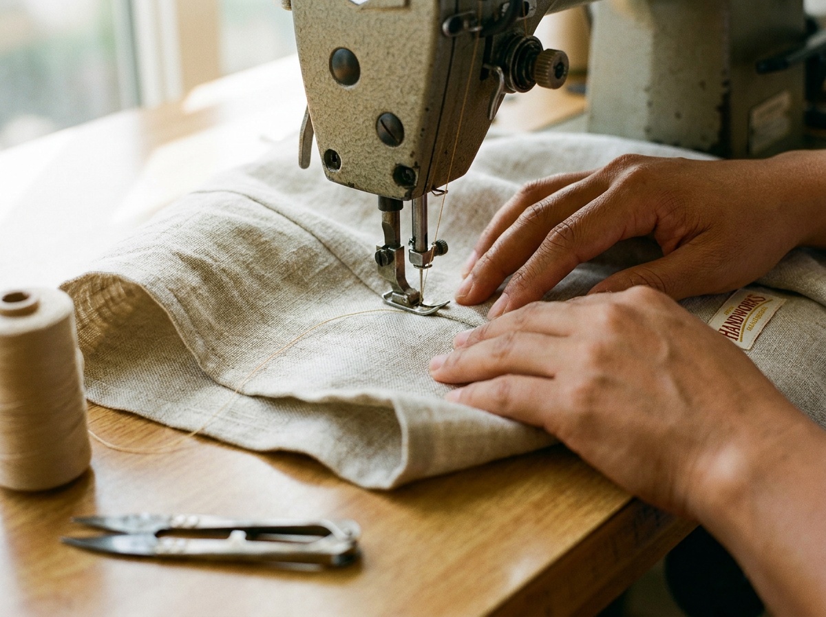 Close-up of hands feeding folded fabric under an industrial sewing machine needle mid-stitch