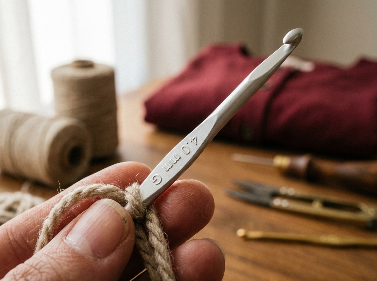 Close-up of fingers holding a single crochet hook by the shaft with a loop of yarn over the head