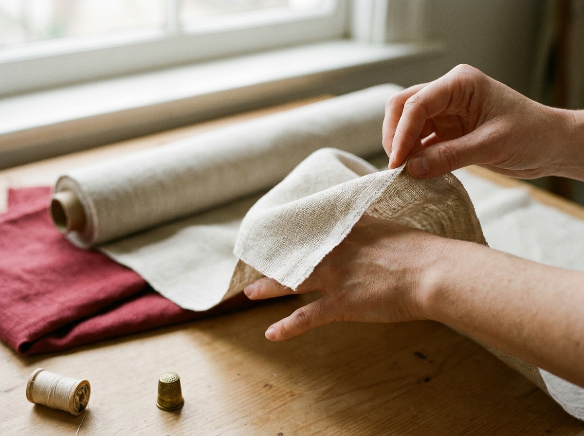 Hands draping a corner of woven fabric over one hand to test how it falls