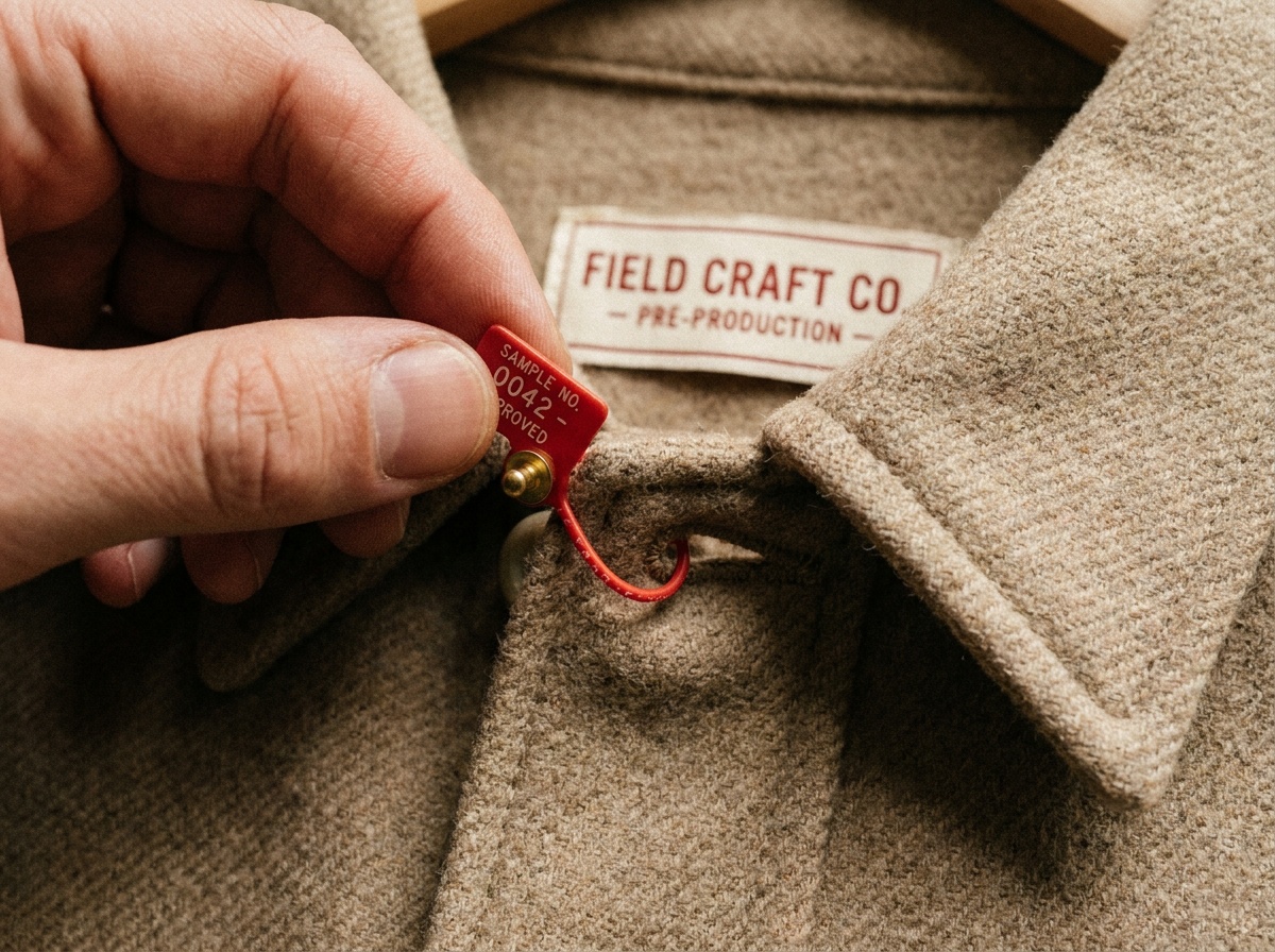 A hand attaching a colored seal tag to the collar of a finished garment sample