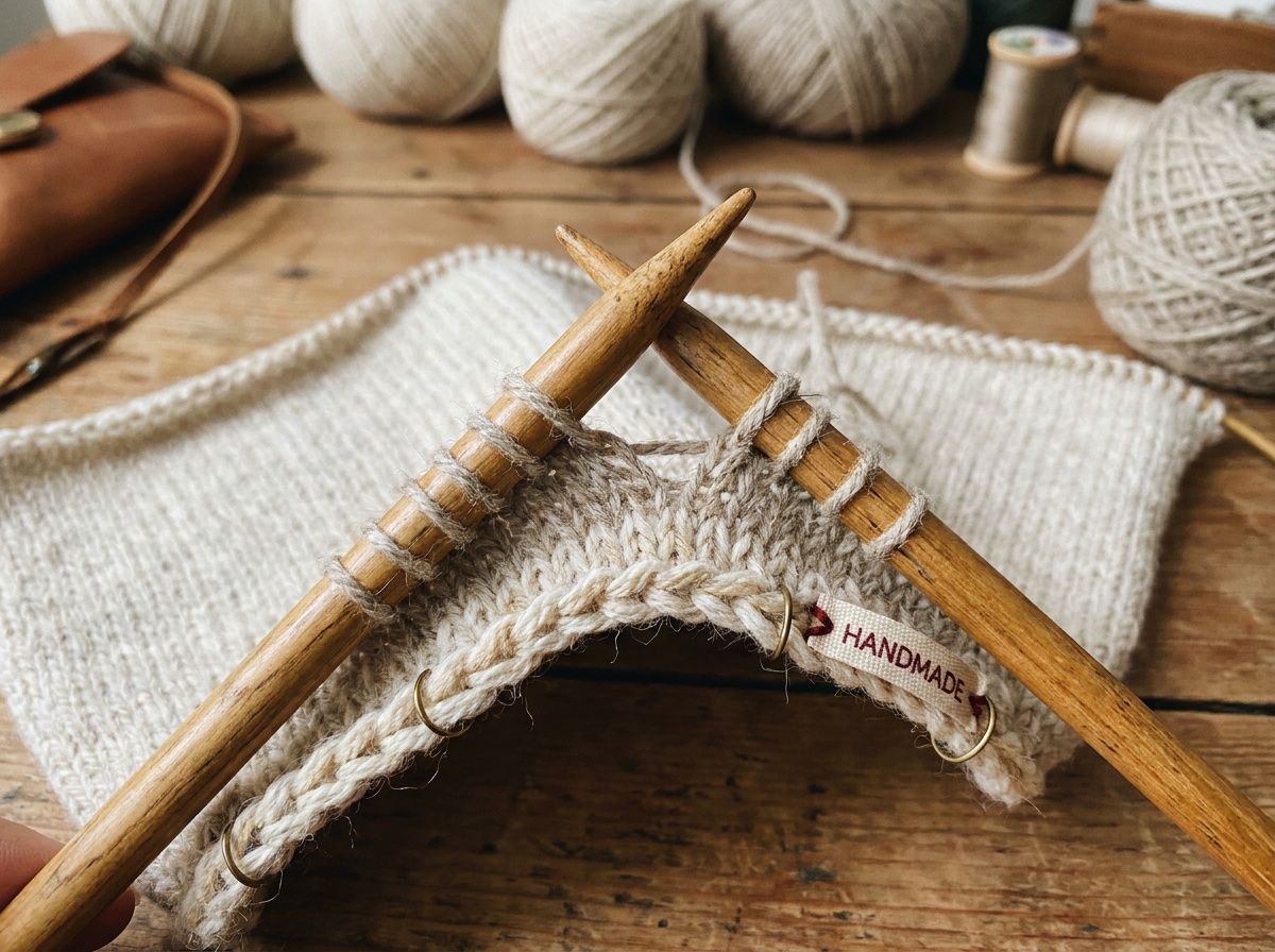 Close-up of a knitting needle lifting one stitch over another to form a bound-off edge, with the chained loops visible below.