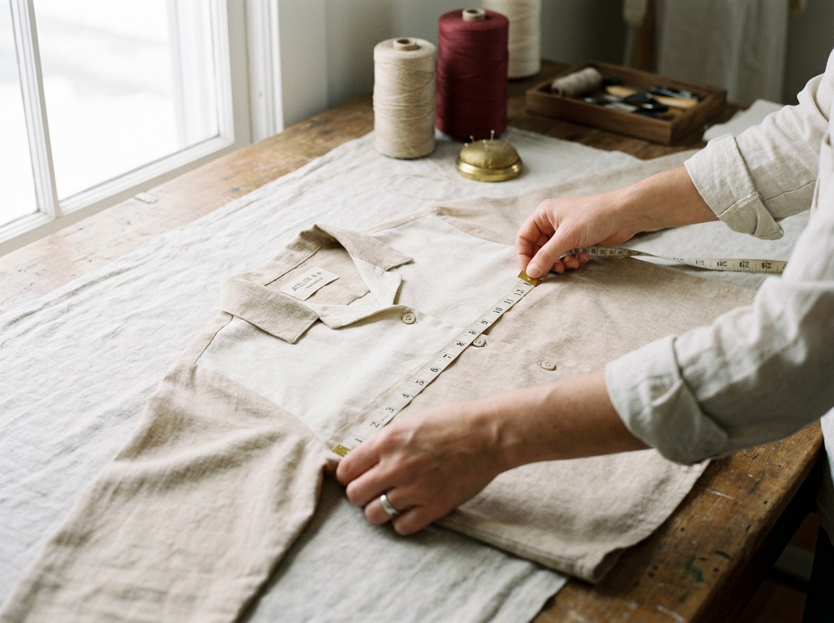 Hands drawing a tape measure across the chest of a woven top laid flat on a table