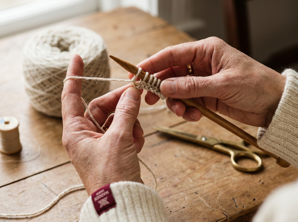 Close-up of hands casting on stitches onto a wooden knitting needle using two strands of yarn