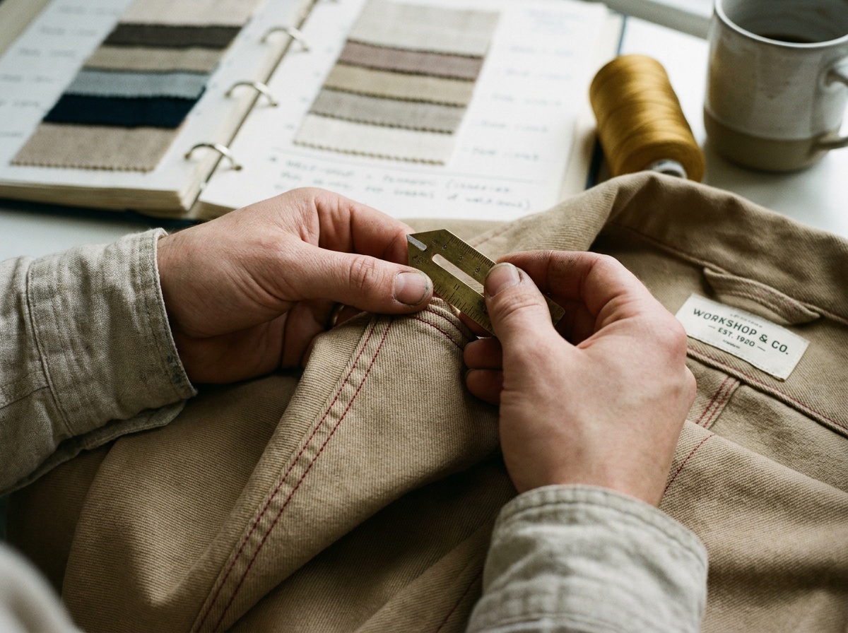 Hands holding a seam gauge against a topstitched garment seam to count stitches per inch