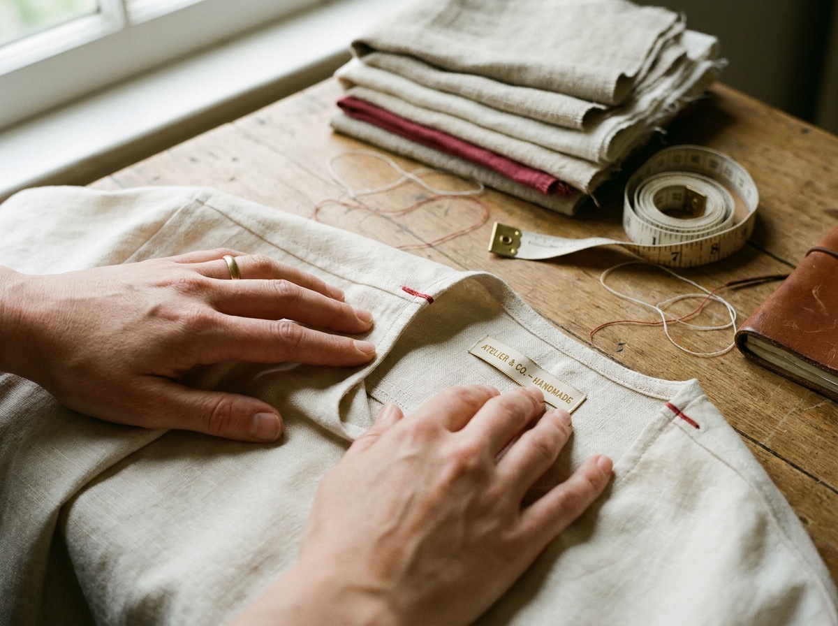 Hands inspecting the inside seams of a garment turned inside out on a worktable