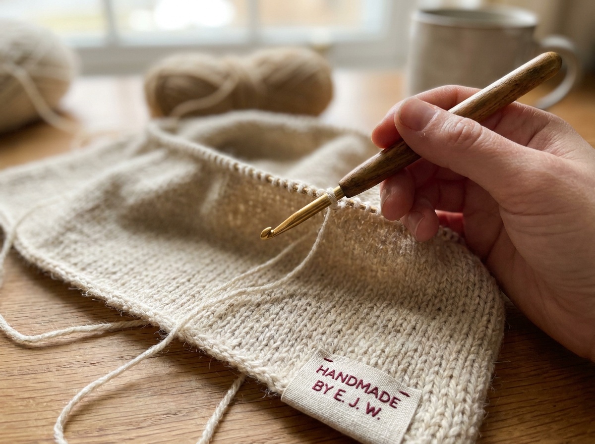 Close-up of a crochet hook catching a loose ladder bar to rework a dropped stitch in knitting