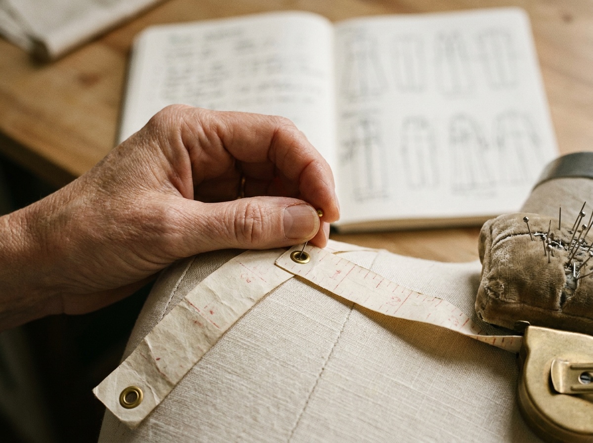 A hand holding a pin against the chest seam of a garment on a dress form, cloth measuring tape draped alongside
