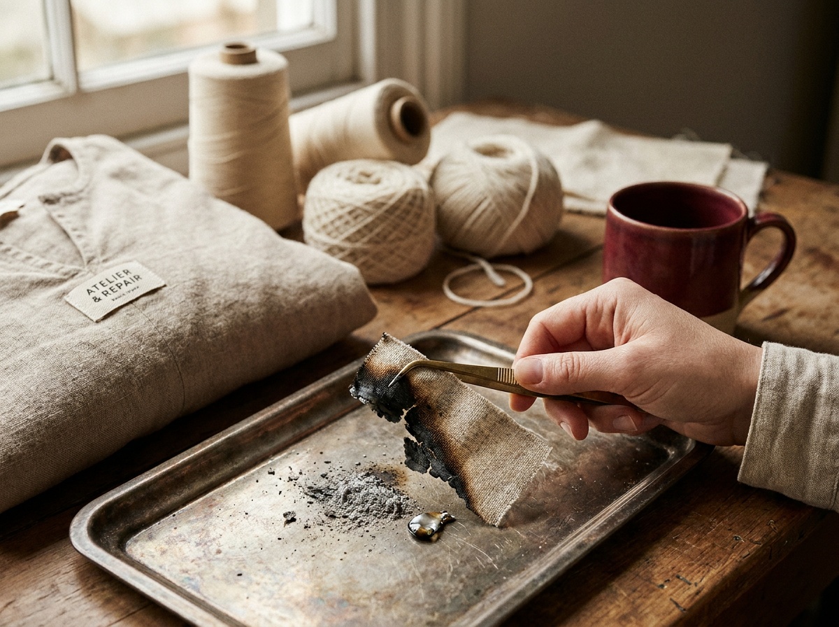 Tweezers pulling apart a burned fabric swatch over a metal tray, showing crumbly ash beside a hard melted bead.