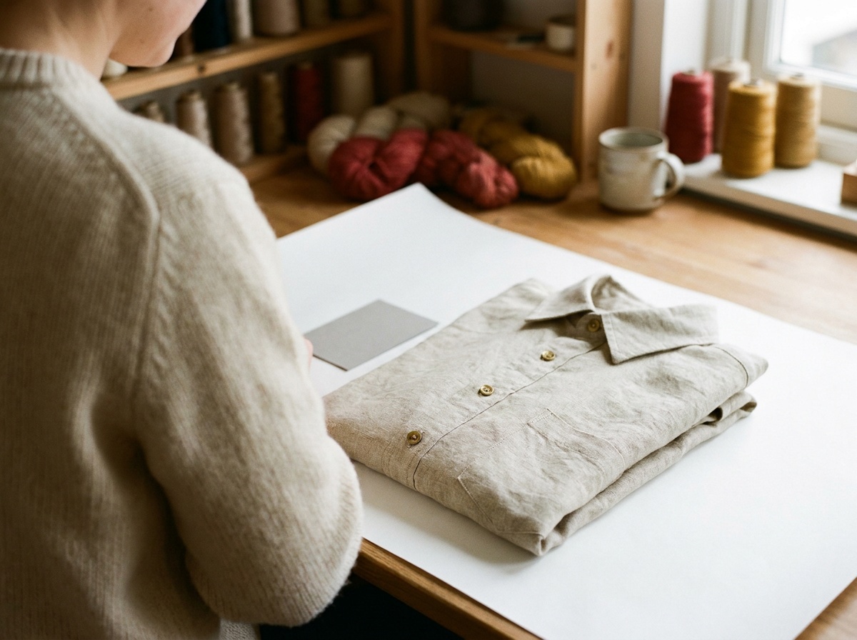 Folded handmade linen shirt on white sweep paper with a gray reference card beside the collar, raking window light showing the weave and topstitching
