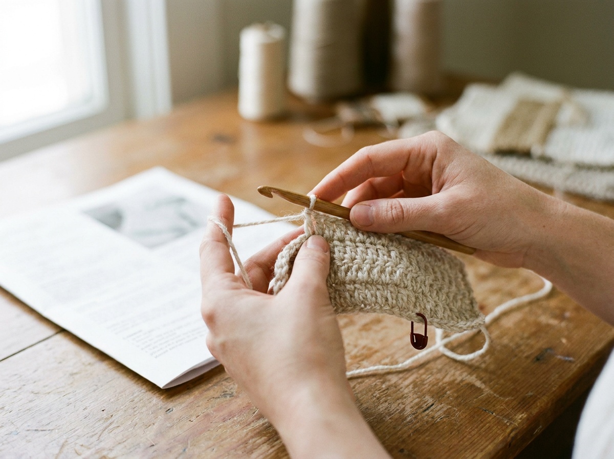 Hands working a crochet hook and yarn through a stitch on a partly finished swatch, with a blurred pattern printout beside them