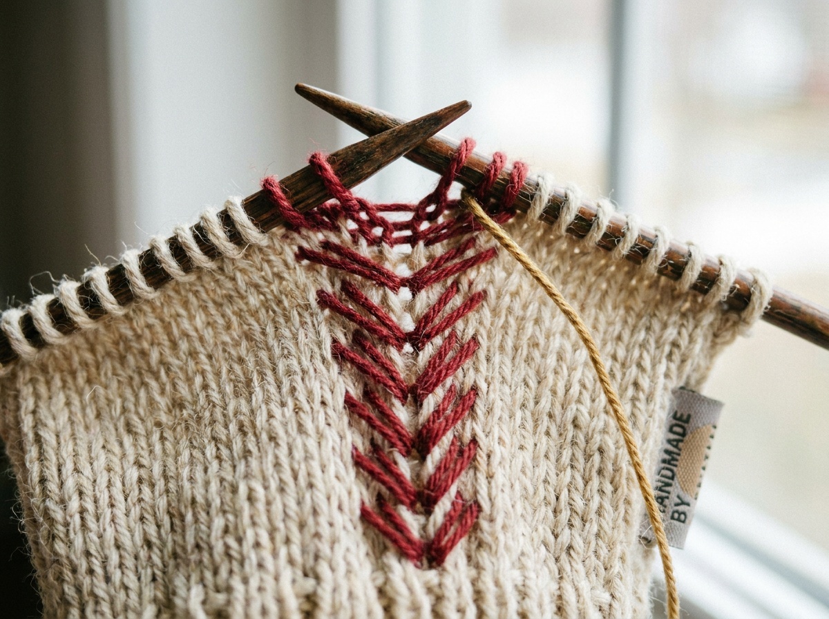 Close-up of a knit swatch showing two columns of decreases leaning toward each other into a mirrored point