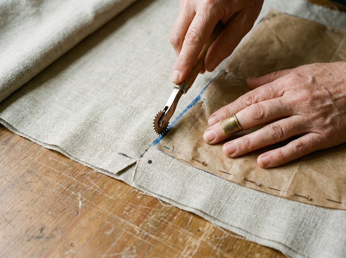 Hands running a tracing wheel along a dart leg on a pinned tissue pattern over fabric