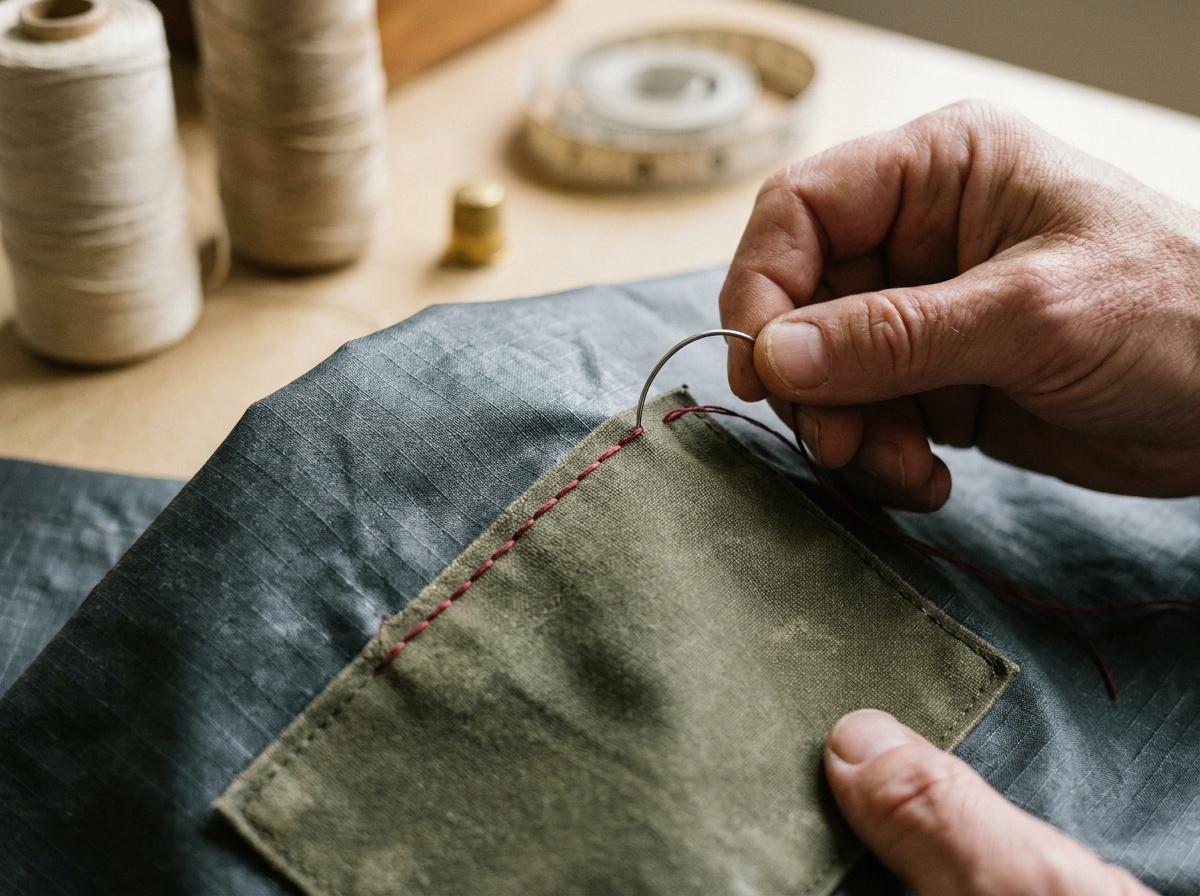 Hands pulling a curved needle with heavy red thread through a patch being backstitched onto coated ripstop pack fabric
