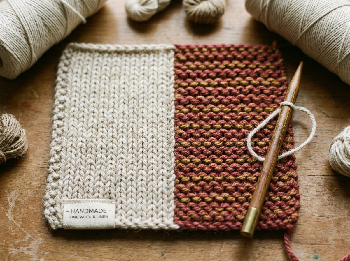 Close-up of a knitted swatch showing smooth knit V-columns beside rounded purl bumps