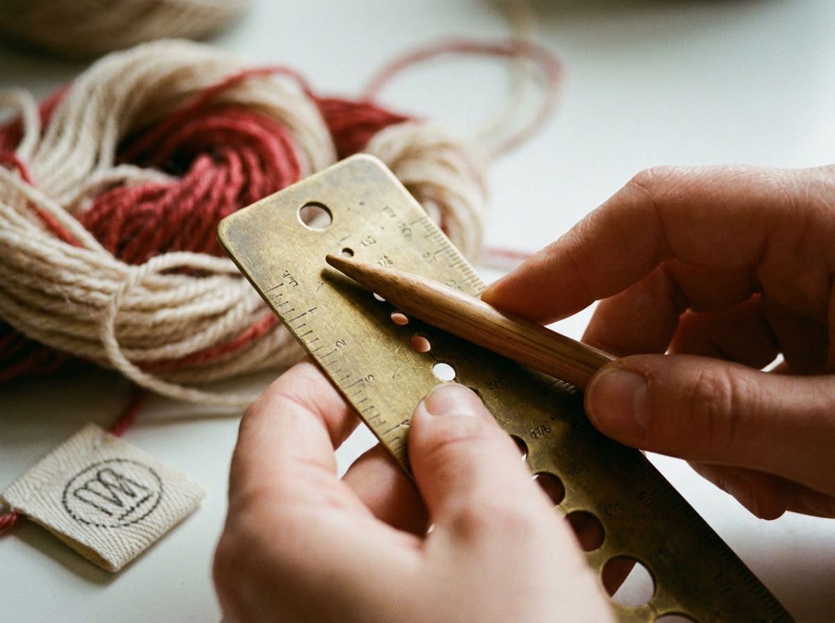 Hands passing a knitting needle through a hole in a flat needle gauge to check its size