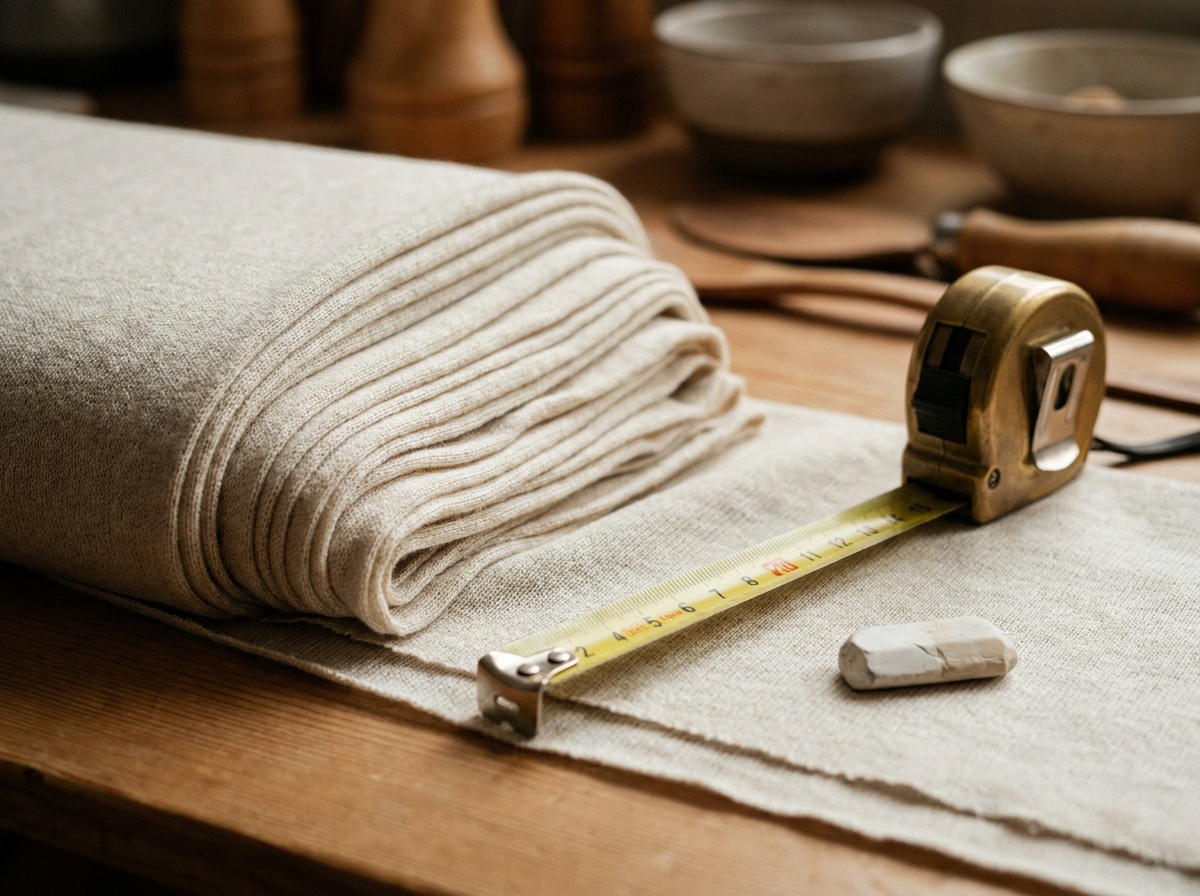 Close-up of a partly unrolled fabric bolt with a tape measure and chalk resting on its cut edge