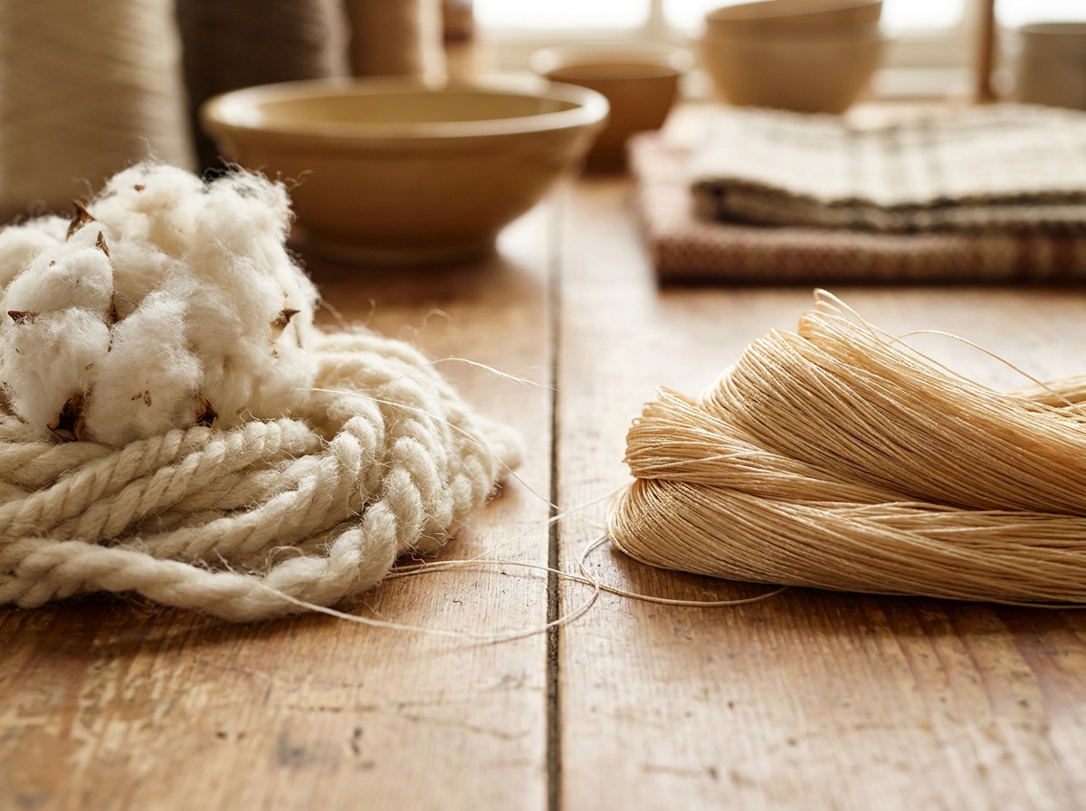 Close-up comparing irregular natural cotton and wool fibre with smooth uniform synthetic filament