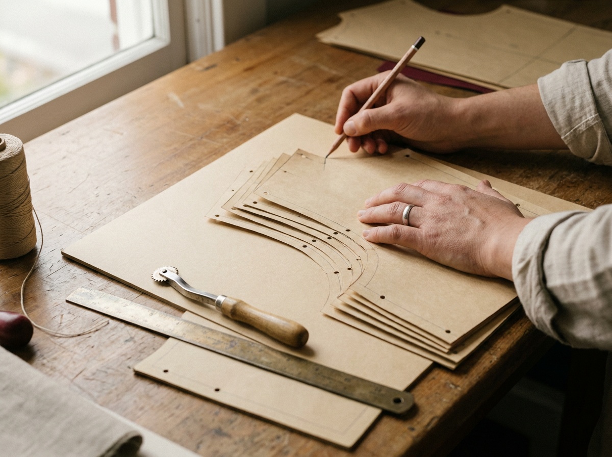 Close-up of hands marking a grade point on a fanned stack of nested graded pattern pieces at a cutting table