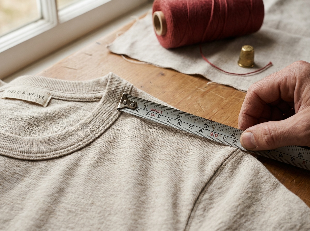 Close-up of a tape measure laid flat across a crew-neck tee, starting at the shoulder-neckline seam.