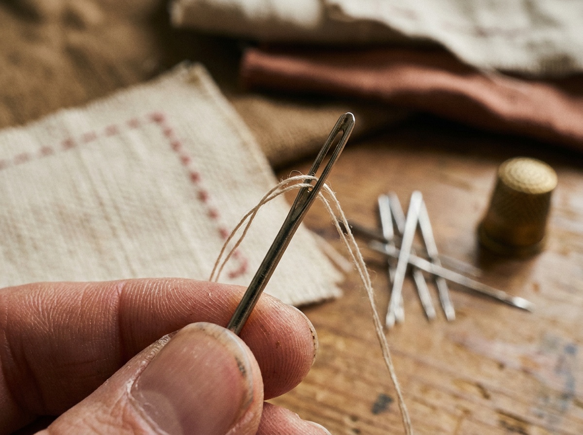 Close-up of a sewing machine needle held between fingertips, its point and eye in sharp focus