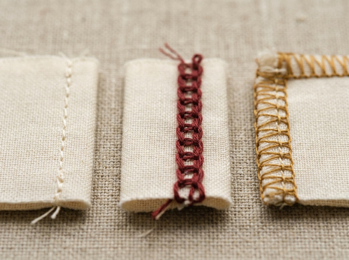 Macro of three construction samples side by side: a 301 lockstitch seam, a 401 chainstitch seam pressed open, and a three-thread overlocked edge, the thread paths clearly visible.