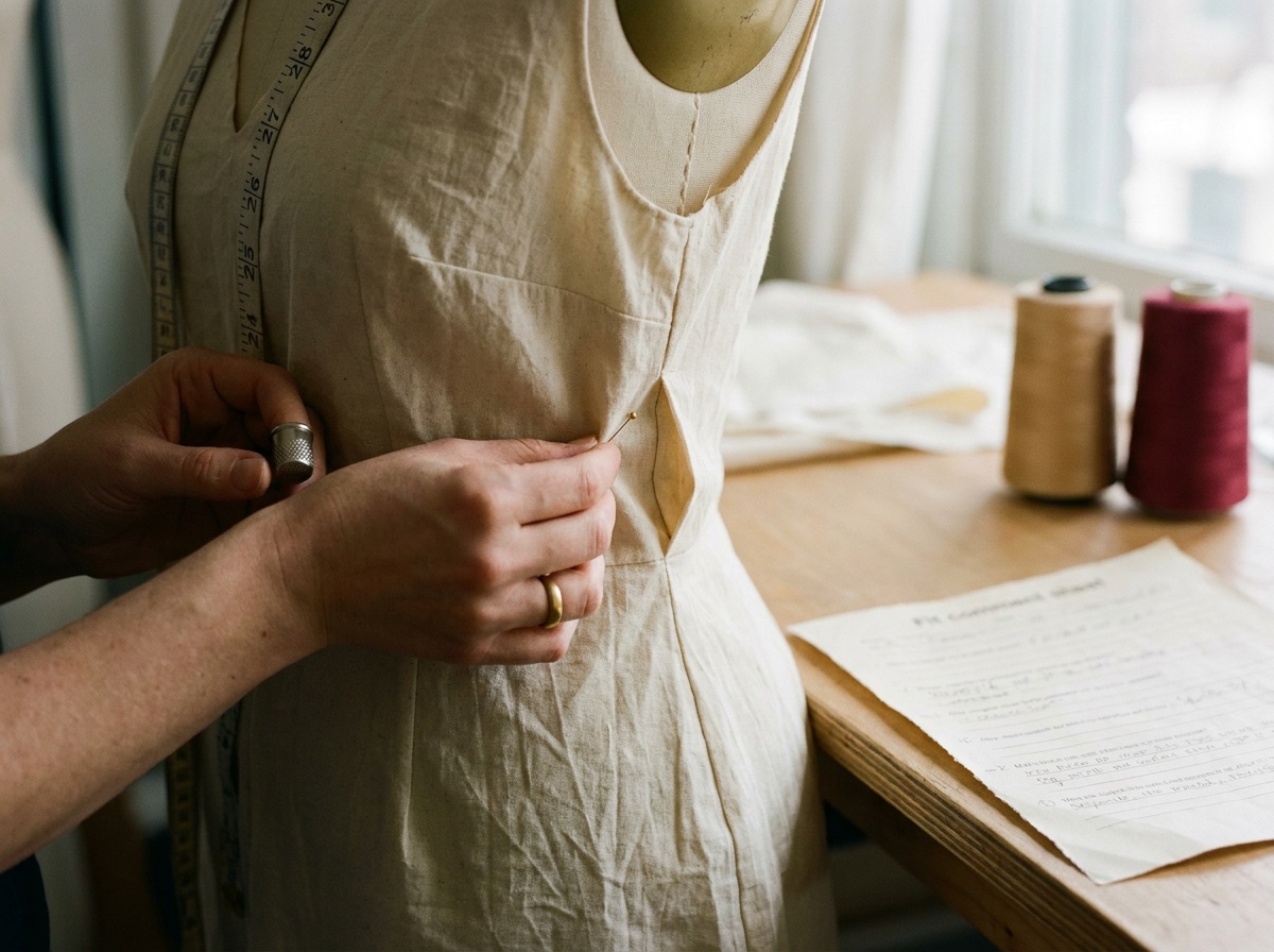 Hands pinning a folded take-in into the side seam of a muslin sample on a dress form