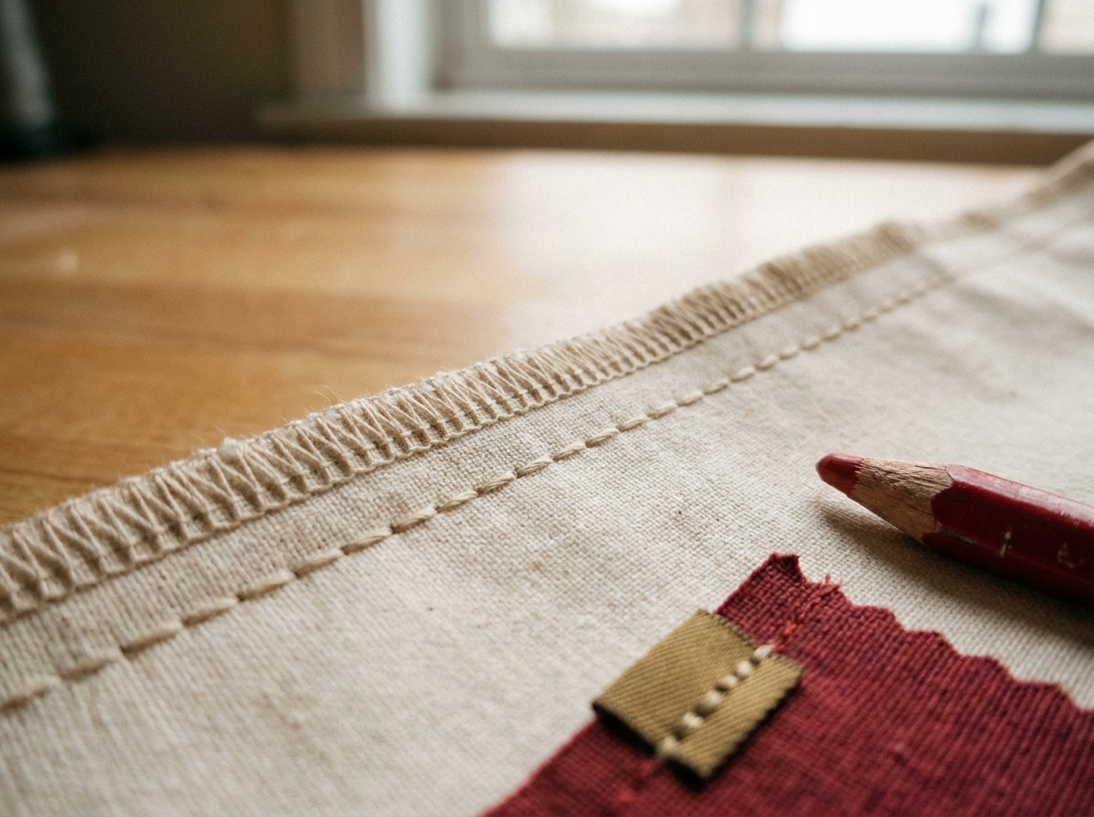 Macro of a serged seam allowance beside a line of topstitching on undyed cotton
