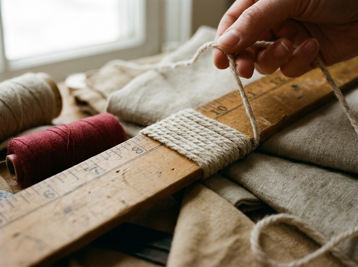 Yarn wound in tight parallel wraps around a wooden ruler with a hand holding the strand taut