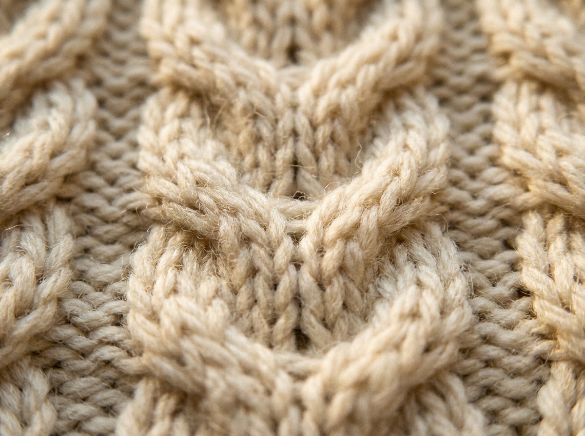A worked swatch of Horseshoe Cable, knit texture visible