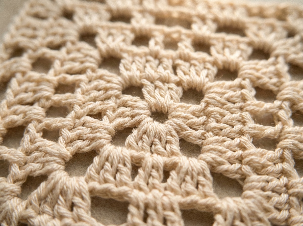 A worked swatch of Filet Crochet crochet, stitch texture visible