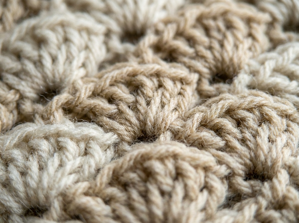 A worked swatch of Peacock Fan Stitch crochet, stitch texture visible