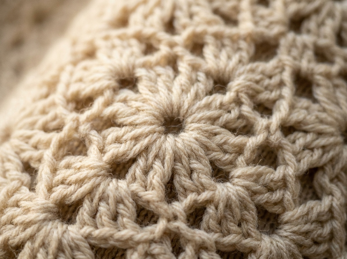 A worked swatch of Primrose Stitch crochet, stitch texture visible