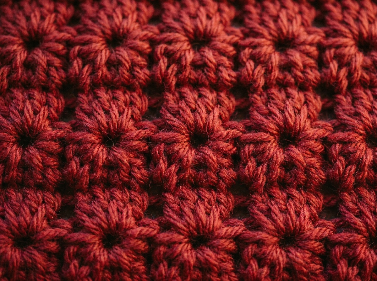 A worked swatch of Star Stitch crochet, stitch texture visible