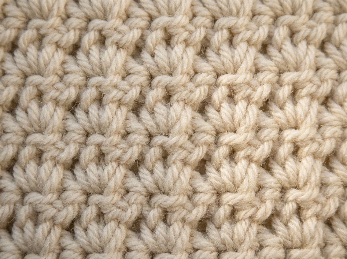 A worked swatch of Trinity Stitch crochet, stitch texture visible