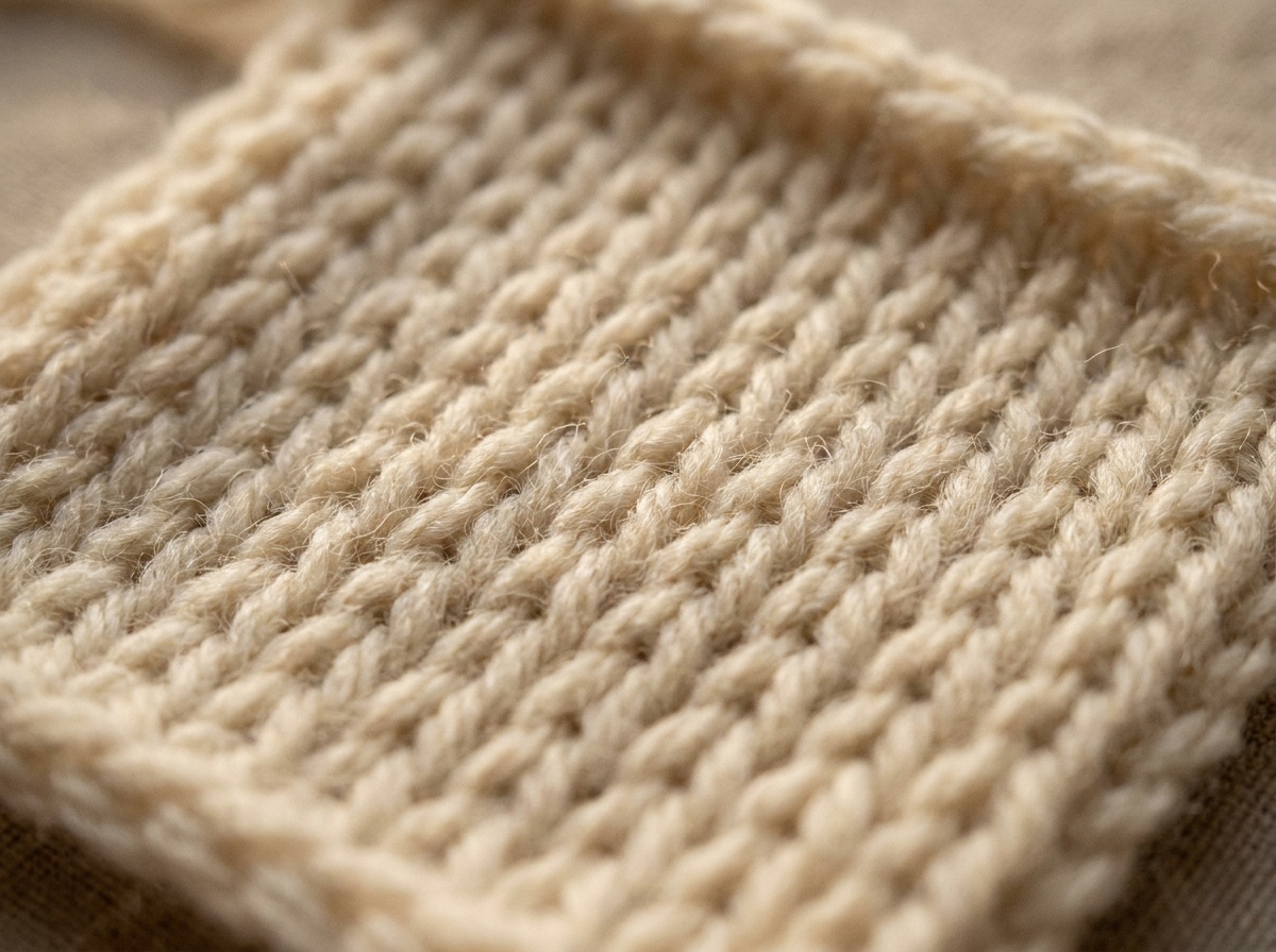 A worked swatch of Tunisian Knit Stitch crochet, stitch texture visible