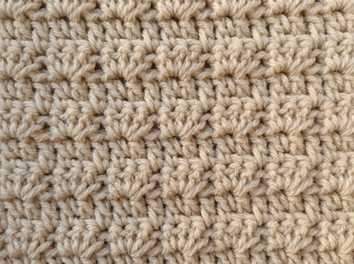 A worked swatch of Wattle Stitch crochet, stitch texture visible